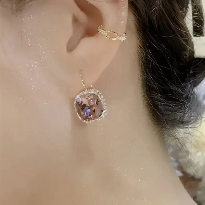 Moderni kvadrātveida formas auskari Luksusa purpursarkani kristāla auskari Eleganti sieviešu piekaramie auskari Jauki kāzu ballītes rotaslietas dāvanas