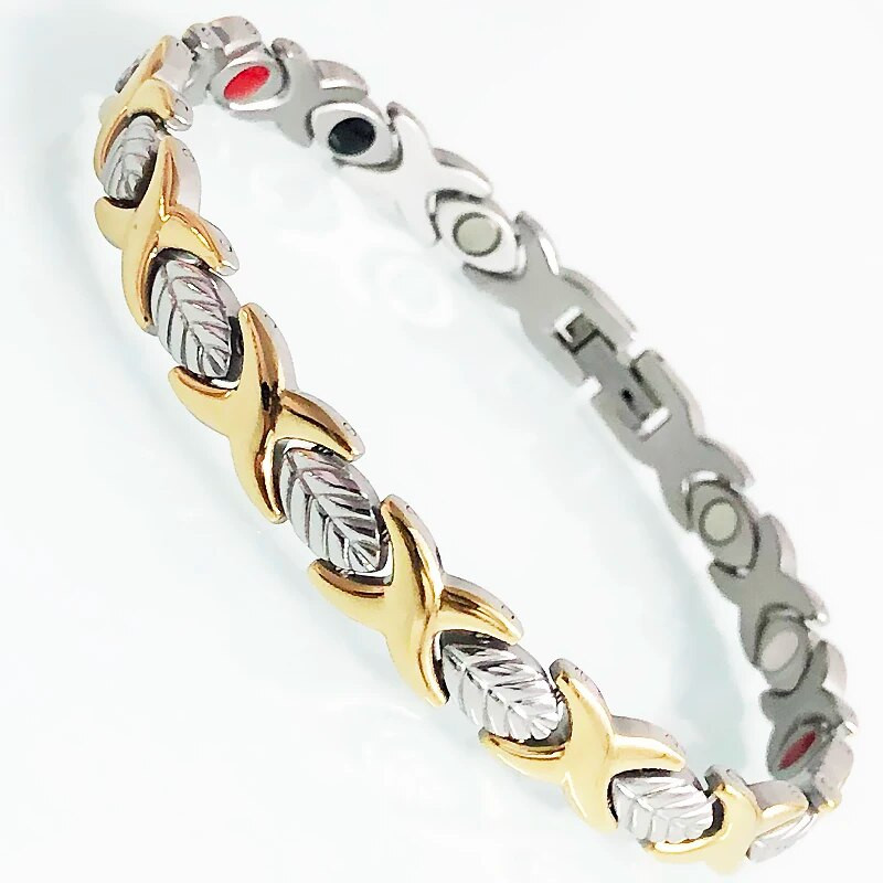 Sidabrinės spalvos lapai formuoja nerūdijančio plieno apyrankes vyrams Moterų nauda sveikatai 4 viename stiprios magnetinės terapijos rankų apyrankės