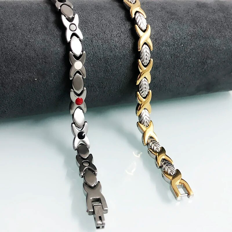 Sidabrinės spalvos lapai formuoja nerūdijančio plieno apyrankes vyrams Moterų nauda sveikatai 4 viename stiprios magnetinės terapijos rankų apyrankės