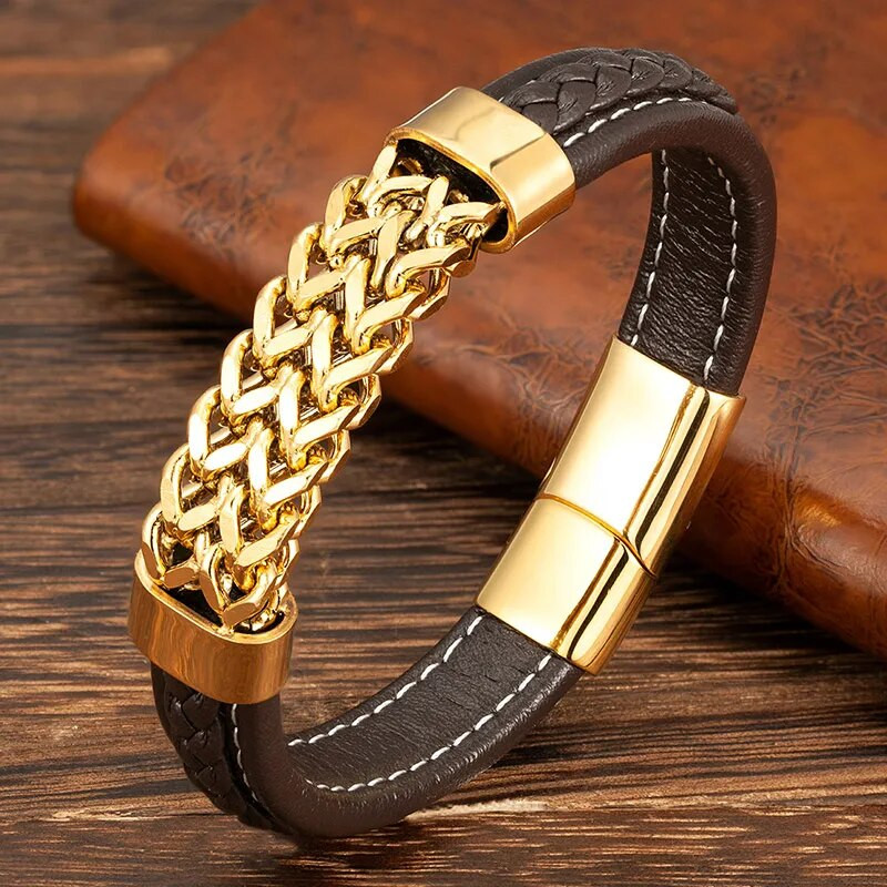 Zlatni lančić od nehrđajućeg čelika Muška kožna narukvica Modni luksuzni punk dodaci Muški nakit Veleprodaja Božićni dar za prijatelja