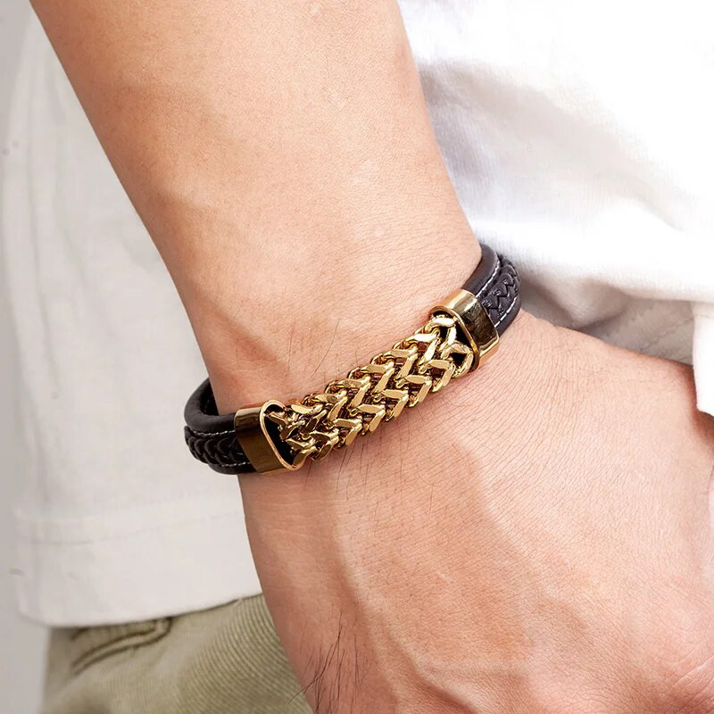Zlatni lančić od nehrđajućeg čelika Muška kožna narukvica Modni luksuzni punk dodaci Muški nakit Veleprodaja Božićni dar za prijatelja