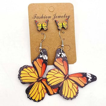 Нови модни кожени обеци с пеперуди, цветни кожени обеци с щампа на пеперуди и комплект дървени шипове за уши за жени бижута