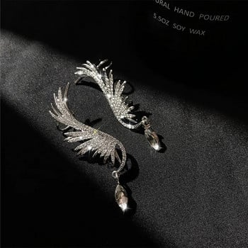 Единични корейски обеци със стразови крила на ангел, лъскава дъга за ухо, висящи обеци с щипка за жени Необичайни бижута с маншети за уши
