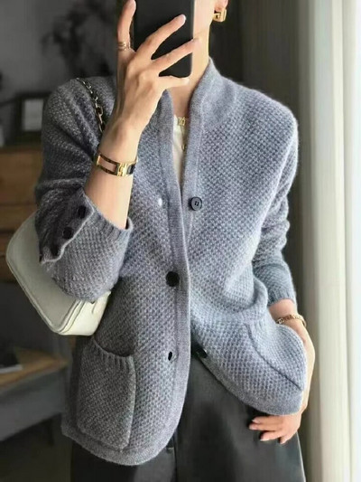 Kontori kudum Talvine paksendatud kardigan püstkraega kampsun avar mantel Elegantne vabaaja šikk naiste nööbid taskud jakk Topid