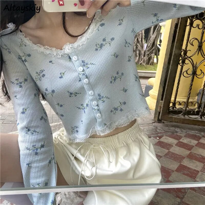 Γυναικεία ζακέτα Sweet Crop Top Design Συνονθύλευμα δαντέλα Floral Απαλή Φοιτητική Ρετρό Μονό στήθος σε κορεατικό στυλ