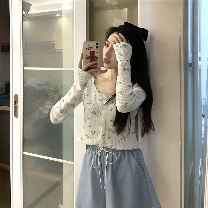 Ženski kardigan Sweet Crop Top Dizajn Patchwork Čipka Cvjetni Nježni Studenti Retro jednoredno kopčanje u korejskom stilu Chic Ins