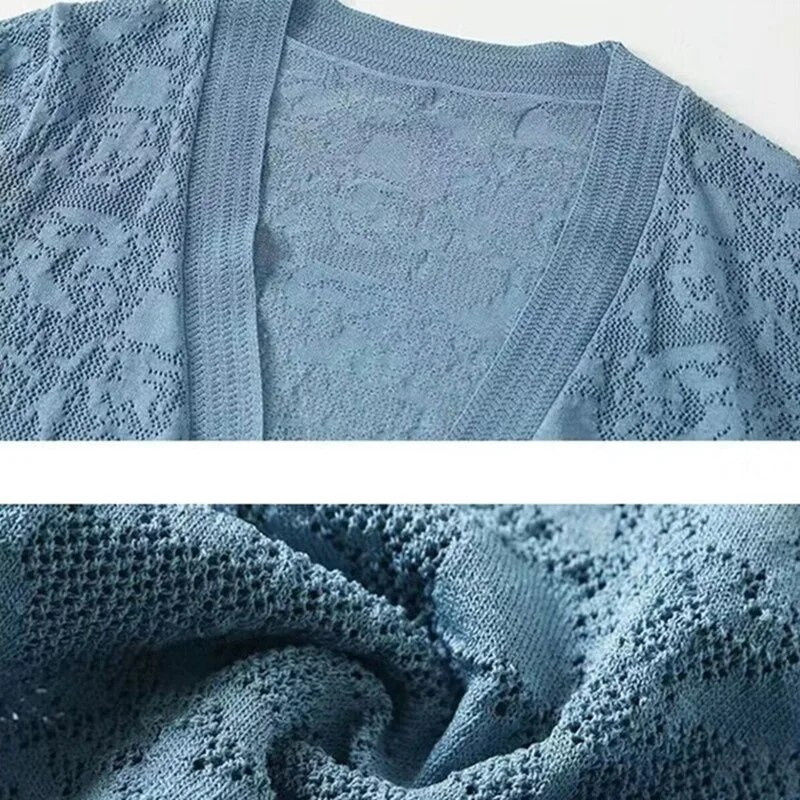 Vasaras lielizmēra adītas jakas jakas ar puspiedurknēm mežģīņu šalle Virsdrēbes Trikotāžas mēteļi korejiešu eleganti dobi sauļošanās topi