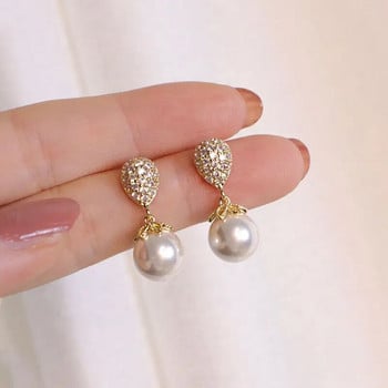 Корейски модни перлени висящи обеци за жени Нова ретро изявление Цирконова обеца Подарък за Свети Валентин Бижута Pendientes Mujer