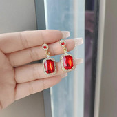 Zelta krāsas dzirkstošs cirkona kvadrātveida ģeometriski auskari vintage sarkani zaļi mazi akmens auskari sievietēm rotaslietas aksesuāri