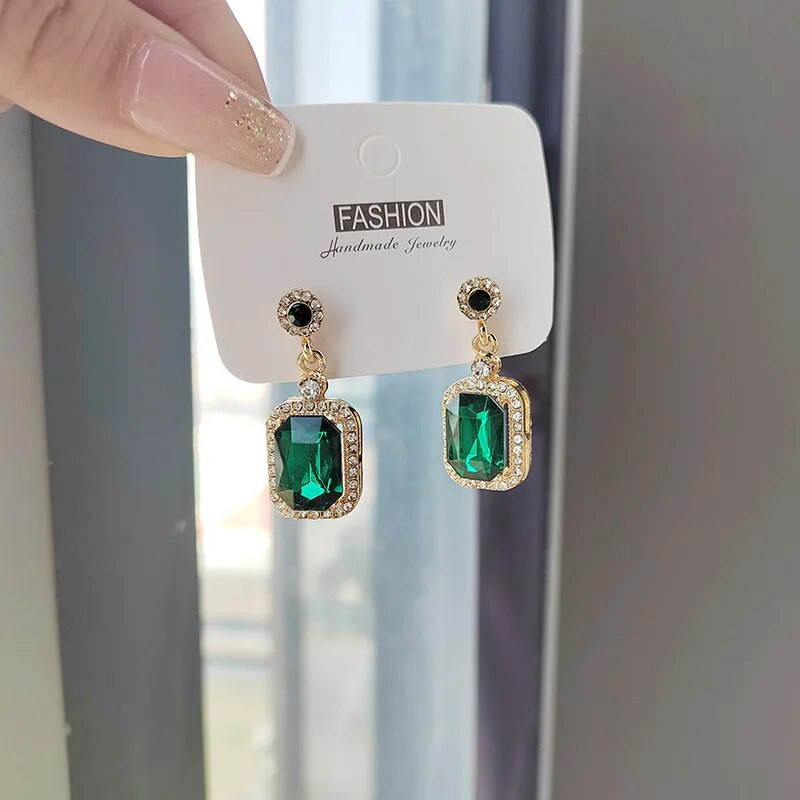 Zelta krāsas dzirkstošs cirkona kvadrātveida ģeometriski auskari vintage sarkani zaļi mazi akmens auskari sievietēm rotaslietas aksesuāri