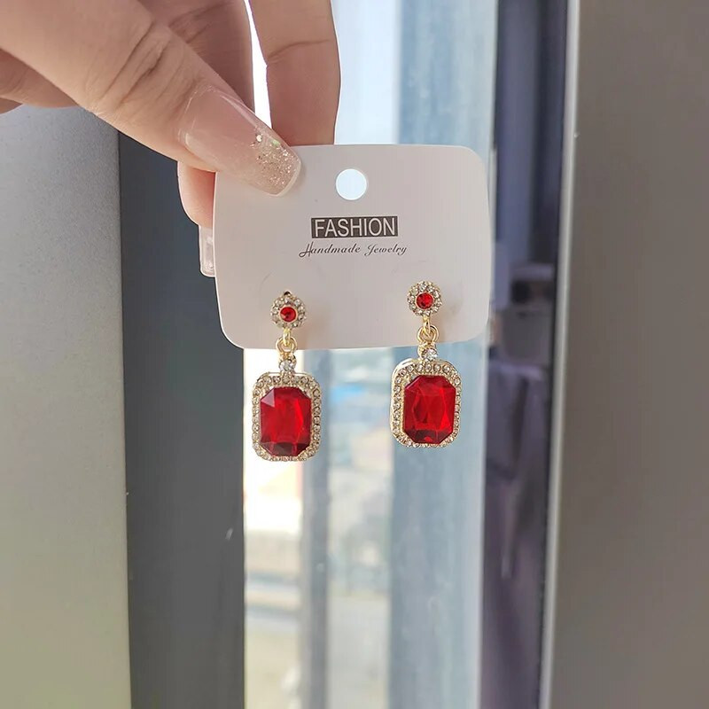 Zelta krāsas dzirkstošs cirkona kvadrātveida ģeometriski auskari vintage sarkani zaļi mazi akmens auskari sievietēm rotaslietas aksesuāri