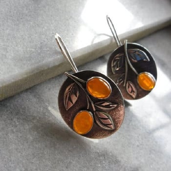 Винтидж сребърен цвят листа оранжеви каменни обеци гравирани овални метални растителни куки обеци за дамски бижута