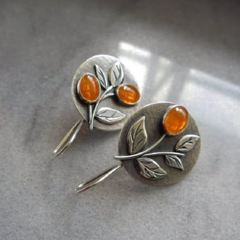 Винтидж сребърен цвят листа оранжеви каменни обеци гравирани овални метални растителни куки обеци за дамски бижута