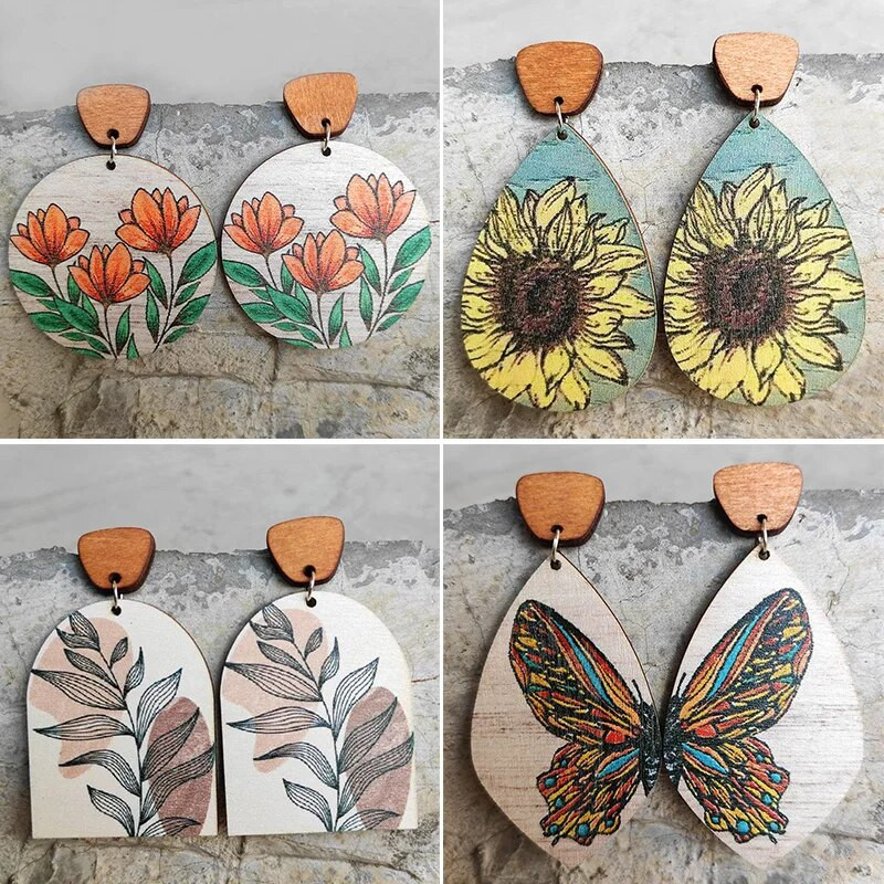 Vintage koka tauriņu auskari Boho koka saulespuķu paziņojuma auskari sievietēm juvelierizstrādājumu vairumtirdzniecība