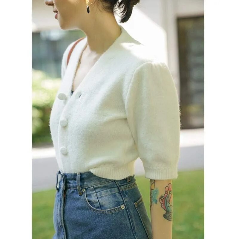 Sarebon 2022, jauns sieviešu V veida kakla izgriezuma vienkrāsains trikotāžas modelis ar īsām piedurknēm, vienkāršs modes jaka