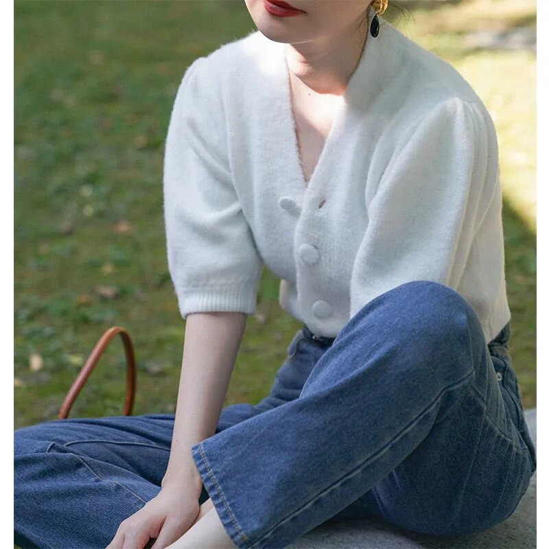 Sarebon 2022, jauns sieviešu V veida kakla izgriezuma vienkrāsains trikotāžas modelis ar īsām piedurknēm, vienkāršs modes jaka