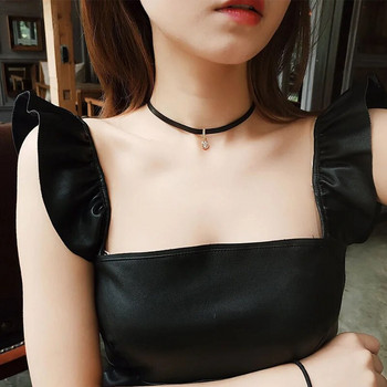 Корейска модна геометрична огърлица с циркон за жени Секси черна кожена къса висулка Темперамент Естетични бижута Подарък