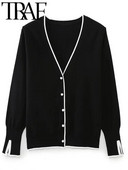TRAF Tienda ženski modni kardigan s pletenim kopčanjem s jednim kopčanjem, ležerni uski kardigan s lampion rukavima i V izrezom, kontrast 2023.