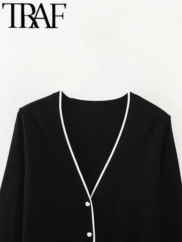 TRAF Tienda ženski modni kardigan s pletenim kopčanjem s jednim kopčanjem, ležerni uski kardigan s lampion rukavima i V izrezom, kontrast 2023.