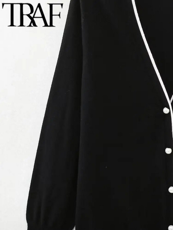 TRAF Tienda ženski modni kardigan s pletenim kopčanjem s jednim kopčanjem, ležerni uski kardigan s lampion rukavima i V izrezom, kontrast 2023.