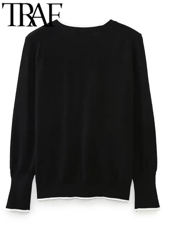 TRAF Tienda ženski modni kardigan s pletenim kopčanjem s jednim kopčanjem, ležerni uski kardigan s lampion rukavima i V izrezom, kontrast 2023.