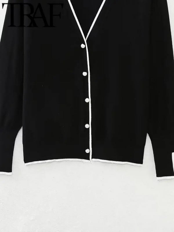 TRAF Tienda ženski modni kardigan s pletenim kopčanjem s jednim kopčanjem, ležerni uski kardigan s lampion rukavima i V izrezom, kontrast 2023.