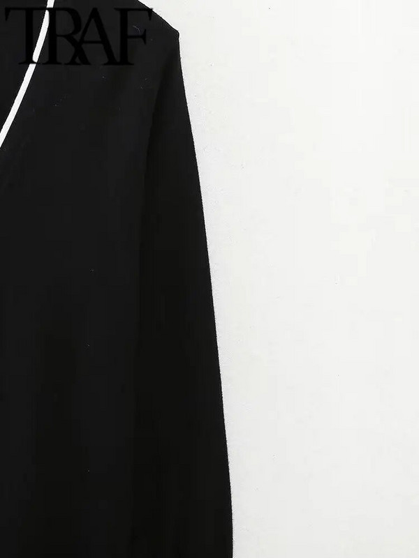 TRAF Tienda ženski modni kardigan s pletenim kopčanjem s jednim kopčanjem, ležerni uski kardigan s lampion rukavima i V izrezom, kontrast 2023.