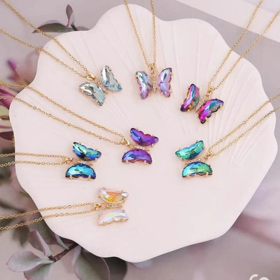 Korean Style Gradient Color Butterfly Shape Necklace For Women Popular Glass Crystal Butterfly Pendant Clavicle Chain Jewelry