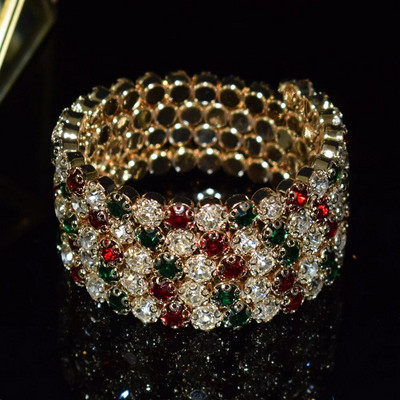 Vairāku rindu kristāla balts sarkans zaļš atvērts rokassprādzes rokassprādze sievietēm zelta krāsā kāzu rokassprādzes un rokassprādzes rotaslietas dāvanas