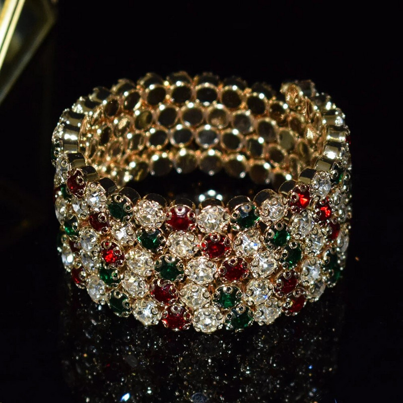 Vairāku rindu kristāla balts sarkans zaļš atvērts rokassprādzes rokassprādze sievietēm zelta krāsā kāzu rokassprādzes un rokassprādzes rotaslietas dāvanas