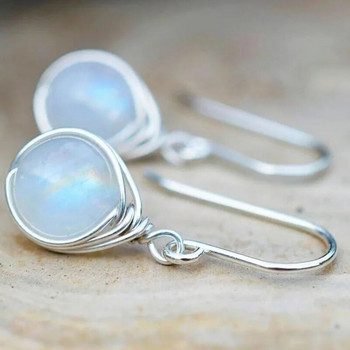 Изящни кръгли обеци с кука от лунен камък Прости модни метални сребърни годежни сватбени висящи обеци за жени