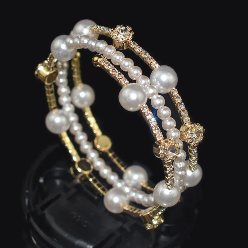 Biserne narukvice Narukvice s vještačkim kamenom u 3 reda Narukvice i narukvice s manžetama Pozlaćene Posrebrene narukvice za žene Djevojke Poklon svadbeni nakit