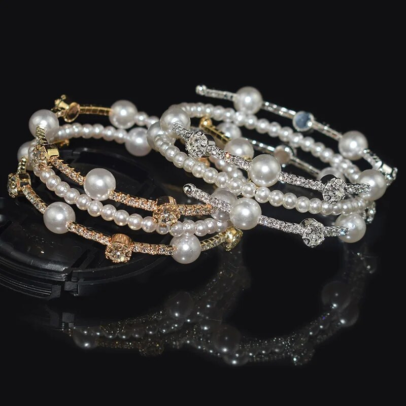 Biserne narukvice Narukvice s vještačkim kamenom u 3 reda Narukvice i narukvice s manžetama Pozlaćene Posrebrene narukvice za žene Djevojke Poklon svadbeni nakit