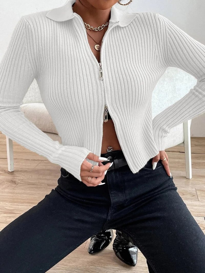 Jesen Zima Ženski ležerni seksi dvostruki patentni zatvarač Fly Rib-pleteni kratki kardigan Slim Femme pleteni dugih rukava Y2K modni pulover