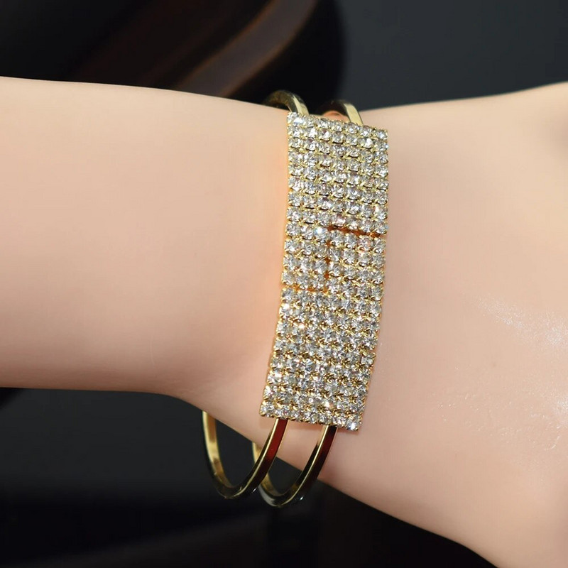 Μόδα κρυστάλλινα βραχιόλια με μανσέτα για γυναίκες Επιχρυσωμένο ασημένιο βραχιόλι με στρας Ανοιχτό βραχιόλια και βραχιόλια γιορτινά κοσμήματα