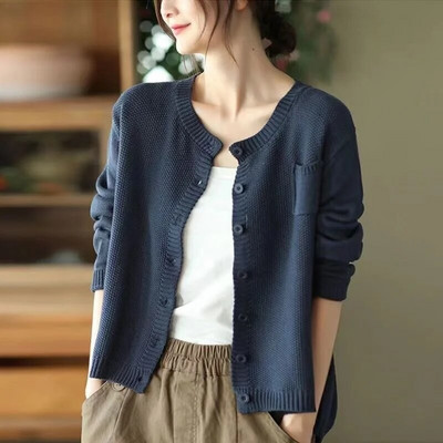 Ženska pletena modna jednokopna odjeća s dugim rukavima, ležerna, s O-izrezom, vintage ulični jednobojni kardigan, gornji dijelovi jesenske novosti