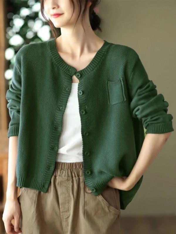 Ženska pletena modna jednokopna odjeća s dugim rukavima, ležerna, s O-izrezom, vintage ulični jednobojni kardigan, gornji dijelovi jesenske novosti