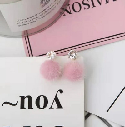Korejske ružičaste viseće naušnice za žene, djevojke, slatka pahuljasta kuglasta mašna, pom naušnica, jesen, zima, kawaii božićni dječji nakit