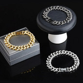 Modes Luksusa Kubas Link ķēdes sakausējuma rokassprādze sievietēm Vīriešiem Zelta krāsa Bling Rhinestone Hiphop Rotassprādzes