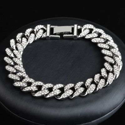 Modes Luksusa Kubas Link ķēdes sakausējuma rokassprādze sievietēm Vīriešiem Zelta krāsa Bling Rhinestone Hiphop Rotassprādzes