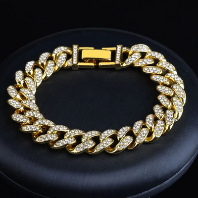 Modes Luksusa Kubas Link ķēdes sakausējuma rokassprādze sievietēm Vīriešiem Zelta krāsa Bling Rhinestone Hiphop Rotassprādzes