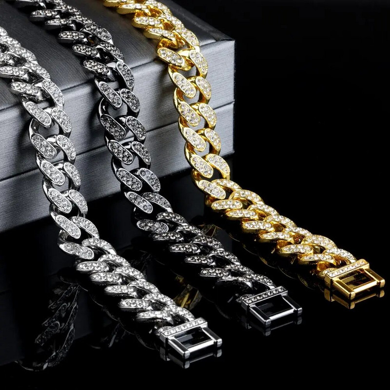 Modes Luksusa Kubas Link ķēdes sakausējuma rokassprādze sievietēm Vīriešiem Zelta krāsa Bling Rhinestone Hiphop Rotassprādzes