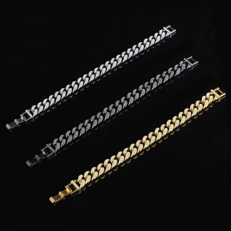 Modes Luksusa Kubas Link ķēdes sakausējuma rokassprādze sievietēm Vīriešiem Zelta krāsa Bling Rhinestone Hiphop Rotassprādzes