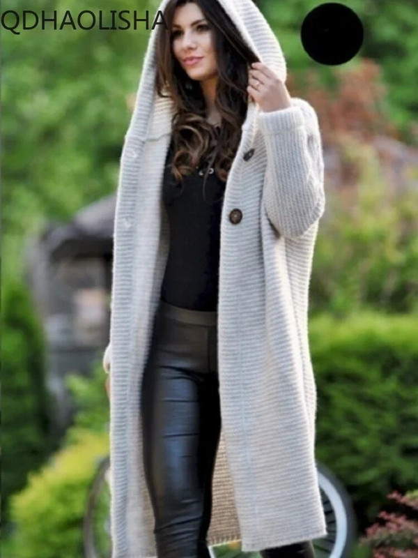 Palton lung, elegant, tricotat, cardigan, pentru femei, cu mânecă lungă, pulover vintage Harajuku cu glugă, haine calde de iarnă pentru femei