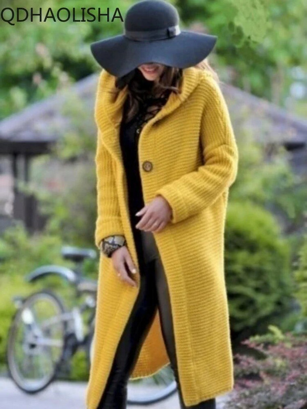 Palton lung, elegant, tricotat, cardigan, pentru femei, cu mânecă lungă, pulover vintage Harajuku cu glugă, haine calde de iarnă pentru femei