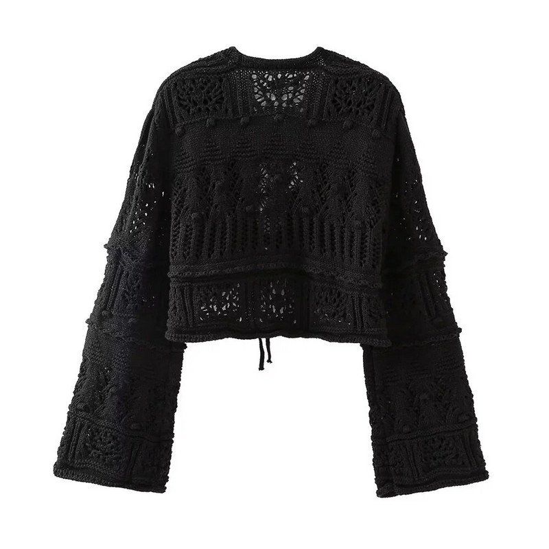 UNIZERA2023 Jesenski novi, ležerni, svestrani ženski kaput dugih rukava na vezanje, šuplji kratki pleteni kardigan