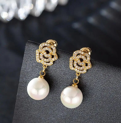 Zelta un sudraba krāsas apaļas pērļu imitācijas auskari sievietēm Luksusa kristāla auskari sieviešu krelles