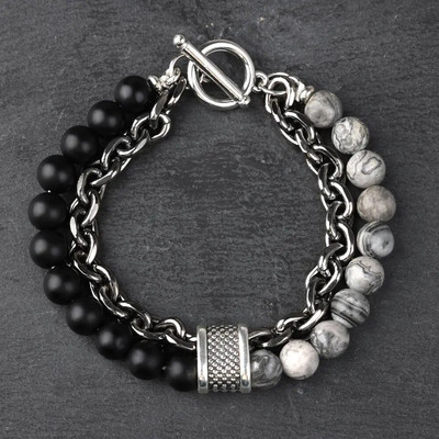 Új Tiger Eye Stone gyöngyös férfi karkötő rozsdamentes acélból készült fegyverlánc lánc jóga viking karkötő férfi ékszer Akció