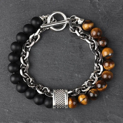 Új Tiger Eye Stone gyöngyös férfi karkötő rozsdamentes acélból készült fegyverlánc lánc jóga viking karkötő férfi ékszer Akció