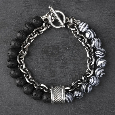 Új Tiger Eye Stone gyöngyös férfi karkötő rozsdamentes acélból készült fegyverlánc lánc jóga viking karkötő férfi ékszer Akció